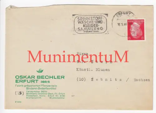 Fabrik präparierter Pflanzenteile Oskar Bechler ERFURT - leerer Kuvert 1944