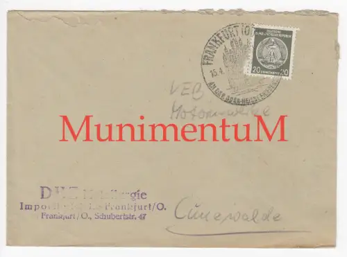 DHZ Metallurgie FRANKFURT / Oder - VEB Motorenwerke CUNEWALDE leerer Kuvert DDR