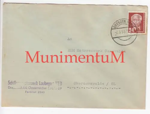 Schiffsmotorenwek LAUBEGAST VEB EKM Motorenwerk OBERCUNEWALDE leerer Kuvert 1953