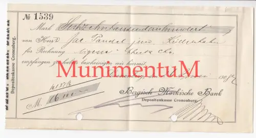 Quittung Depositenbank CRONENBERG Bergisch Märkische Bank 1908 KÜLLENHAHN Pandel