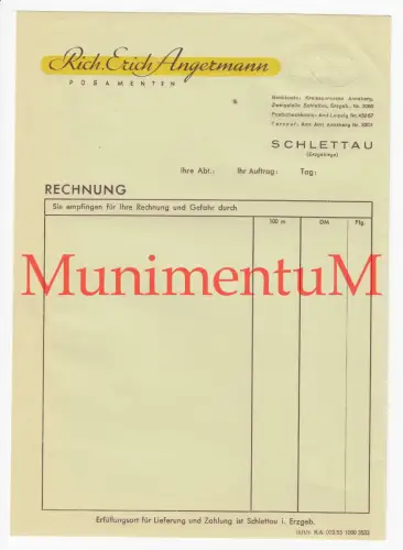 Posamenten Richard Erich Angermann SCHLETTAU Amt ANNABERG - blanko Rechnung