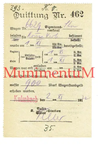 Quittung Güterstation Bahnhof KULMBACH 1922 Reichsbahn Überschreitung Standfrist