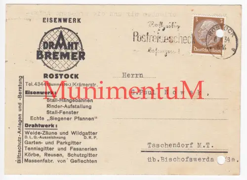 Eisenwerk Drath Bremer ROSTOCK - Offerte 1934 per Postkarte nach TASCHENDORF