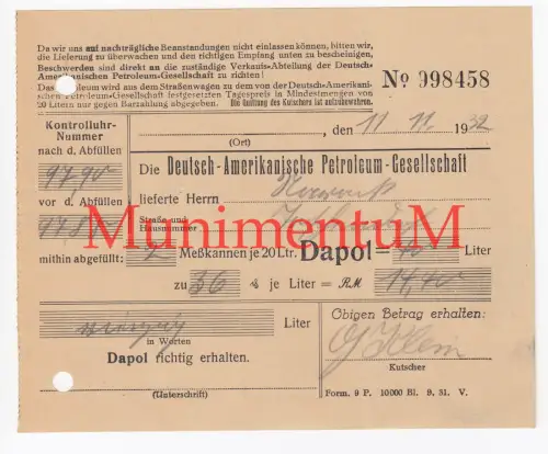 Deutsch-Amerikanische Petroleum-Gesellschaft - Quittung 1932 Lieferung Kutscher