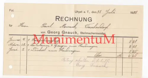 Stellmachermeister Georg Gnauck UHYST - Rechnung 1938 Leiterbaum Deichsel Pflug