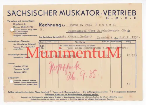 Sächsischer Muskator-Vertrieb DRESDEN - Rechnung 1935 Fracht per Bahn SCHÖNBRUNN