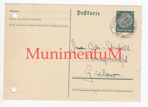 Postkarte 1938 von FAULENROST nach GIELOW bzgl. Telefonat über Bau Pferdestall