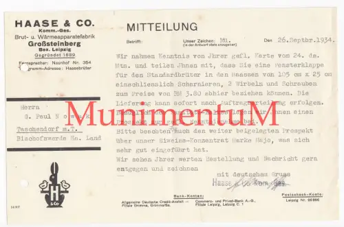 Brut- & Wärmeapparatefabrik Haase & Co. GROßSTEINBERG - Mitteilung 1934