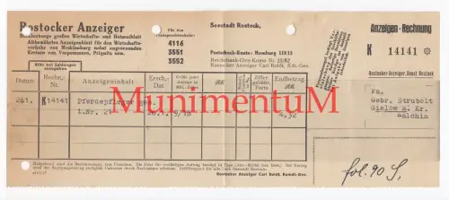 Rostocker Anzeiger - Rechnung Inserat Pferdepfleger gesucht GIELOW 1918 ROSTOCK