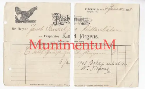 Präparator Karl Jörgens ELBERFELD - Rechnung 1908 für Birkhahn auf Geäst | JAGD