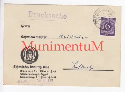 Schmiede-Innung AUE i. Erzgebirge - Drucksache v. RASCHAU 1946 Postkarte