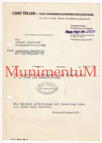 Werkstatt f. Wartburg & Trabant Curt Teller JOHANNGEORGENSTADT - Bestellung 1975