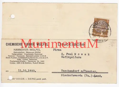Chemische Fabrik Würfel GmbH HANNOVER - Rechnung 1933 per Postkarte