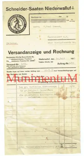 Schneider-Saaten NIEDERWALLUF ELTVILLE Nieder-Walluf a. Rhein - Rechnung 1935