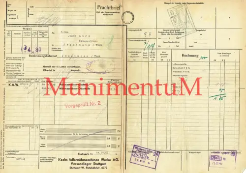 Frachtbrief 1949 Kochs Adlernähmaschinen Werke AG STUTTGART n. JESSINGEN / Teck
