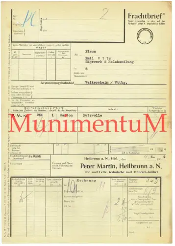 Frachtbrief 1954 techn. & Müllerei-Artikel Peter Martin HEILBRONN n. WEIKERSHEIM