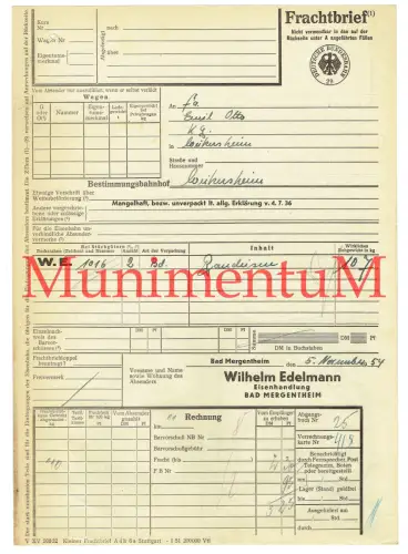 Frachtbrief 1954 Eisenhandlung Wilhelm Edelmann BAD MERGENTHEIM n. WEIKERSHEIM