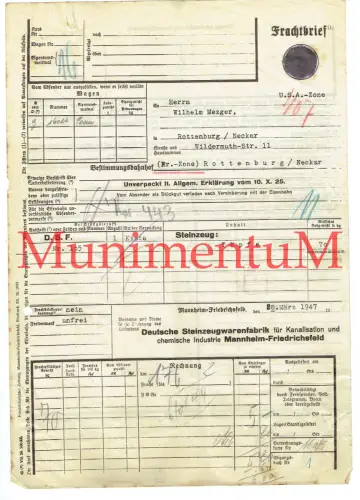 Frachtbrief 1947 Deutsche Steinzeugwarenfabrik MANNHEIM FRIEDRICHSFELD USA-Zone