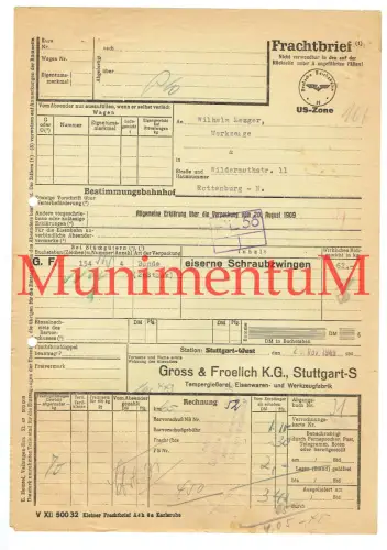 Frachtbrief 1949 Tempergießerei & Werkzeugfabrik Gross & Froelich STUTTGART-WEST