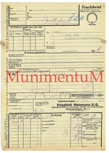 Frachtbrief 1949 Möbel- & Baubeschläge Friedrich Haizmann K.G. UNTERLENNINGEN