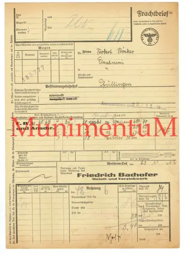 Frachtbrief 1942 Metall& Verzinkwerk Friedrich Bachofer WEILHEIM TECK PFULLINGEN