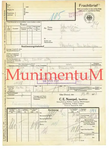 Frachtbrief 1953 Rollfuhr C.E. Noerpel ULM / Donau n. STRASSBERG WINTERLINGEN