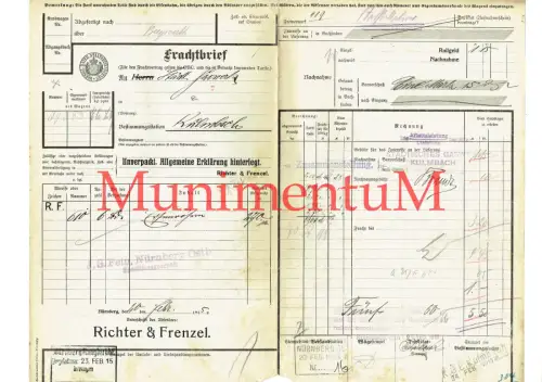 kgl bay Frachtbrief 1915 Frenzel & Richter NÜRNBERG Städtisches Gaswerk KULMBACH