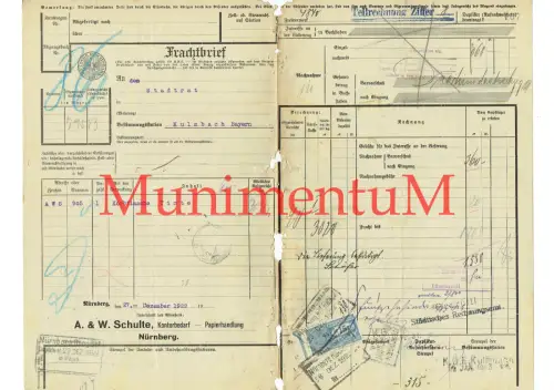 Frachtbrief DRG 1922 Papierhandlung A. & W. Schulte NÜRNBERG Stadtrat KULMBACH