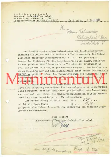 Reichsverband Deutscher Lederhändler BERLIN - Schreiben 1941 nach SCHWABACH