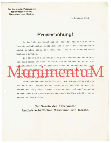 Verein d. Fabrikanten landwirtschaftlicher Maschinen & Geräte Preiserhöhung 1915