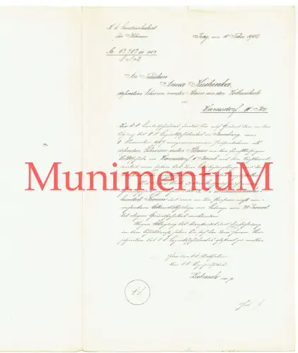 Landesschulrat BÖHMEN in PRAG Volksschule WARNSDORF 1908 Beurteilung Bez RUMBURG