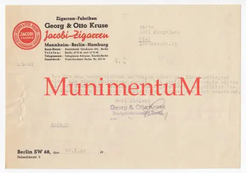 Zigarren-Fabriken Georg & Otto Kruse Jacobi-Zigartren - Schreiben 1942/45 BERLIN