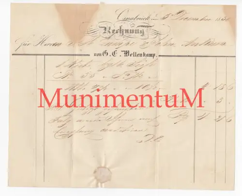 Wellenkamp OSNABRÜCK - Rechnung Briefbogen 1850 an Lampe & Sohn ANKUM