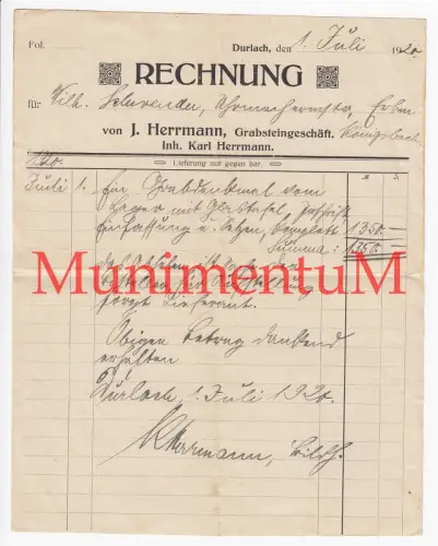 Grabsteingeschäft J. Herrmann DURLACH - Rechnung 1920 für Grabdenkmal KÖNIGSBACH