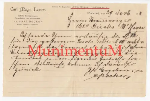 Schiffs-Befrachtungen Carl Magn. Lexow TÖNNING British Consul & Loydagent Becker