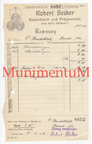Kartenfabrik & Prägeanstalt Robert Becker - Rechnung 1931 Firma P. Kandelhard