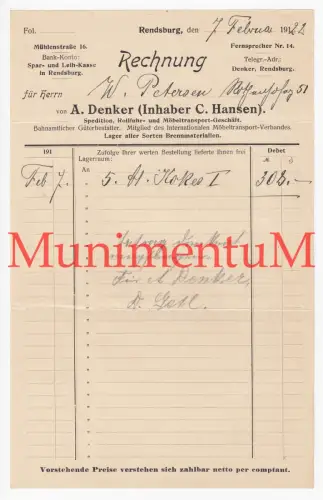 Spedition & Möbeltransport A. Denker , Inh. C. Hansen RENDSBURG - Rechnung 1922