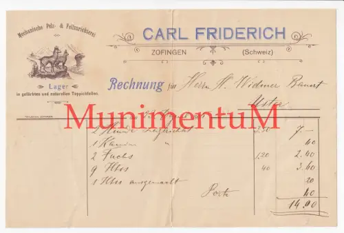 Mechanische Pelz & Fellzurichterei Carl Friedrich ZOFINGEN Schweiz Rechnung 1905