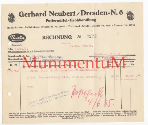 Futtermittel-Großhandlung G. Neubert DRESDEN NEUSTADT - Rechnung Briefkopf 1935