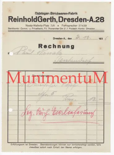 Thüringer Strickwaren-Fabrik R. Gerth DRESDEN - Rechnung 1936 bez. durch Eier !
