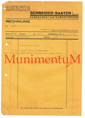 Samenzucht & Samenversand Schneider-Saaten NIEDERWALLUF ELTVILLE - Rechnung 1934