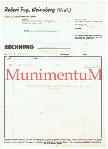 Celluloidwarenfabrik Robert Fey WEINSBERG / Württ. - Rechnung 1935 VOGELSCHRECK