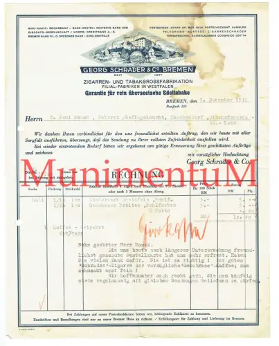Zigarren- & Tabakfabriken Georg Schrader & Co. BREMEN - Rechnung Briefkopf 1932