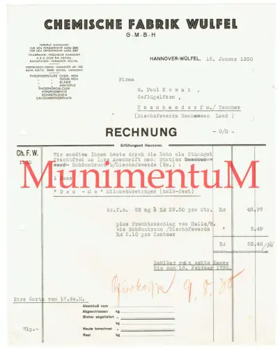 Chemische Fabrik WÜLFEL HANNOVER - Rechnung 1930 Station SCHÖNBRUNN Bischofsw.
