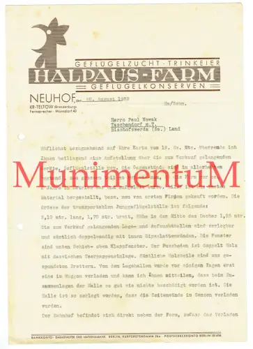 Geflügelzucht Trinkeier Halpaus-Farm NEUHOF TELTOW BRANDENBURG - Offerte 1933