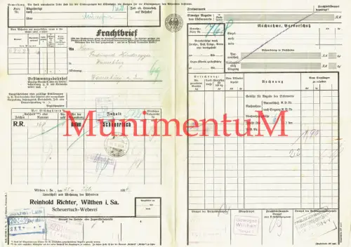 Frachtbrief Lusatia-Webwaren-Fabrik WILTHEN Sachsen 1933 Reichenbach Vogtland