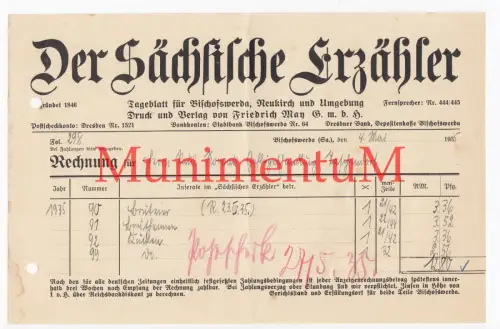 Tageblatt für BISCHOFSWERDA & NEUKIRCH Der Sächsische Erzähler - Rechnung 1935