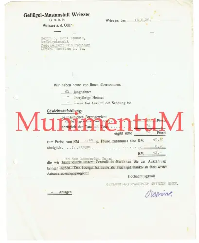 Oderbrucher Geflügel-Mästerei WRZIEZEN a.d. Oder - Gewichtsaufstellung 1932