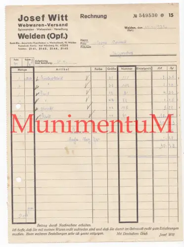 Webwaren-Versand Josef Witt WEIDEN / OBERPFALZ - Rechnung Briefkopf 1932
