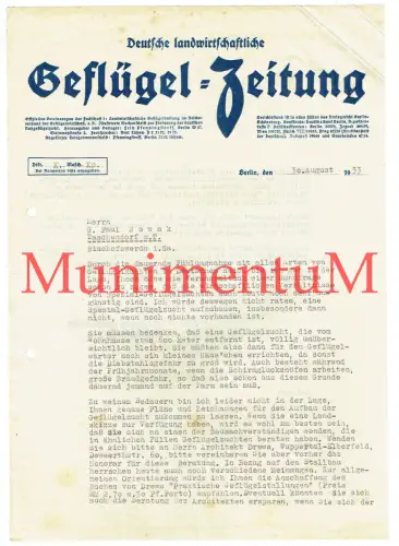 Deutsche landwirtschaftliche Geflügel-Zeitung - Beratungsschreiben 1933 Abraten